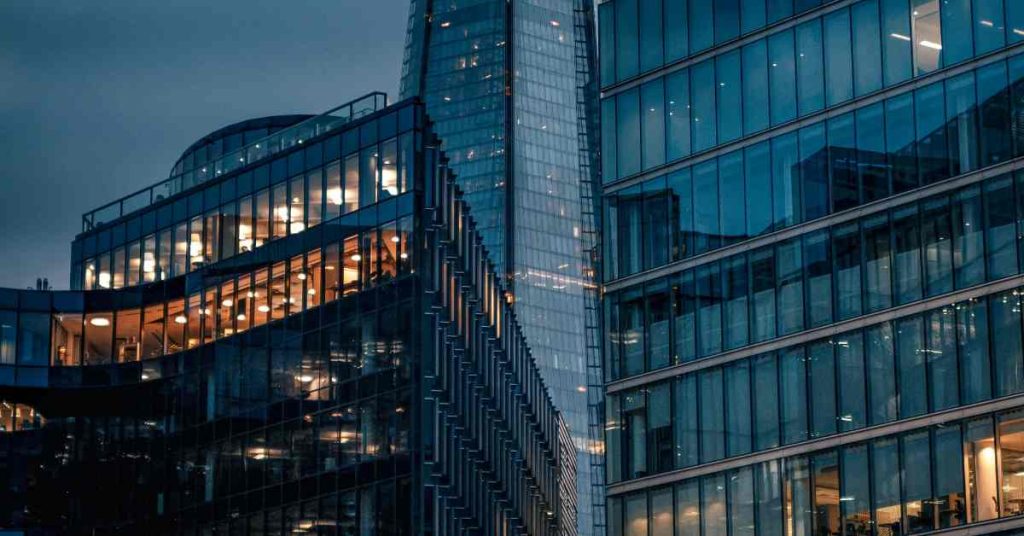 Evening photo of London glass buildings